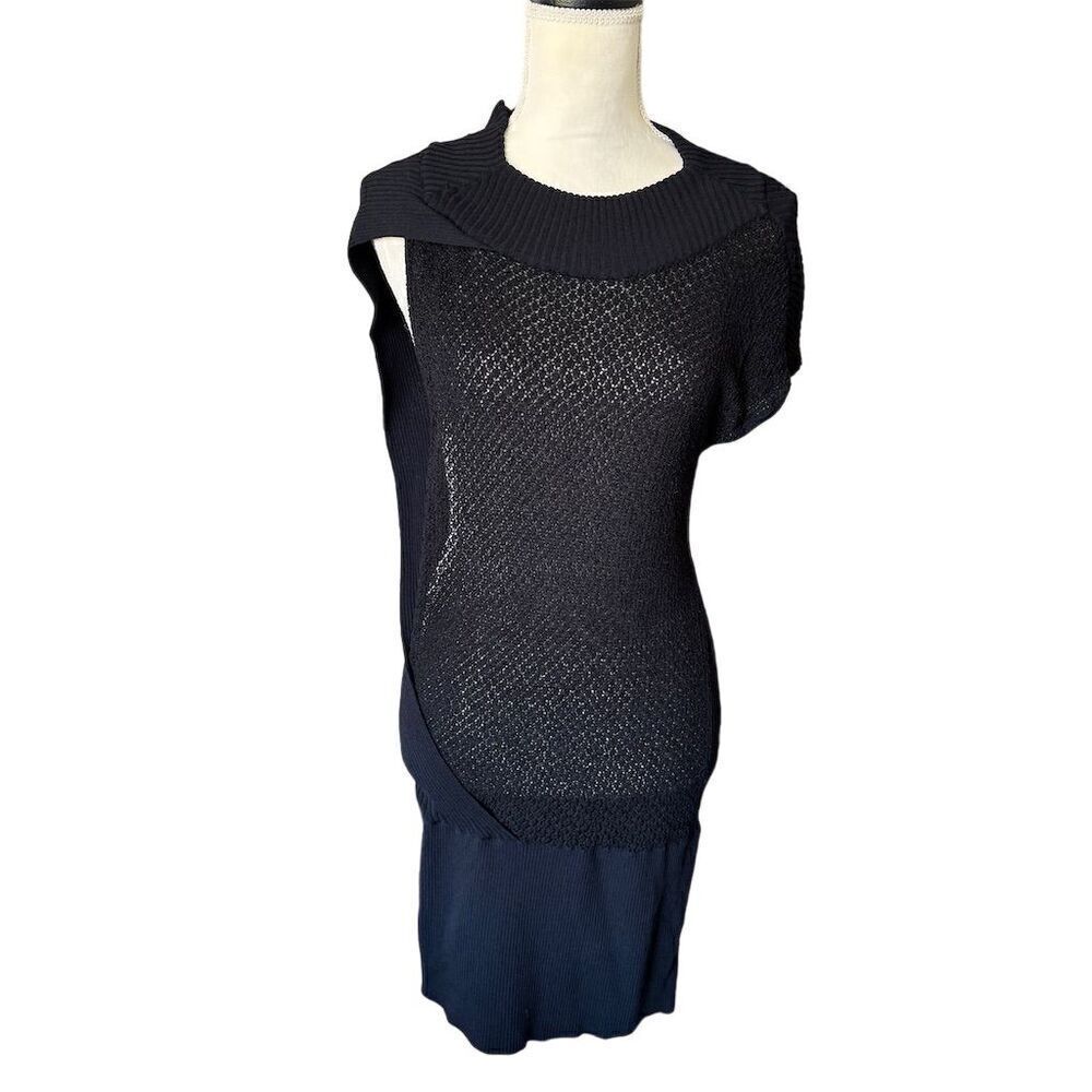 Bebe Women's Black Knit Asymmetrical Sweater Dress M Rounded Neck Casual